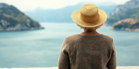 Senior woman wearing a straw hat, enjoying a peaceful sea view at a Mediterranean lake retreat.の素材