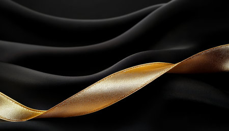 Elegant black satin with glossy folds and a shiny golden ribbon for a luxurious design appeal.の素材