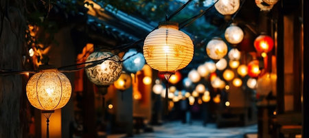 Vibrant Asian Festival Celebration with Illuminated Paper Lanterns and a Glowing Cityscape at Nightの素材