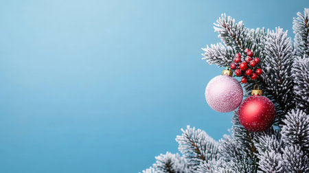Beautifully Decorated Christmas Tree with Red and White Ornaments in a Snowy Winter Wonderland Sceneの素材