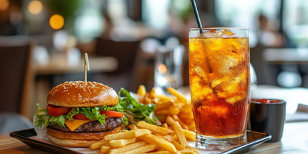 Delicious Hamburger with Fresh Lettuce and Tomato, Crispy Fries, and a Cold Drink on a Tableの素材