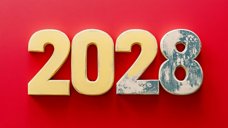 A Futuristic Vision for the Year 2028 Bold Golden Numbers on Striking Red Background for Postersの素材