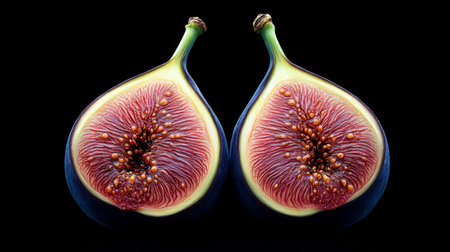 Closeup of Fresh, Juicy Figs on a Black Surface, Showcasing Their Colorful Interior and Edible Seedsの素材