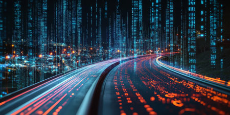 Futuristic Cybernetic Digital Information Flow on Modern Highways with Neon Traffic Elementsの素材