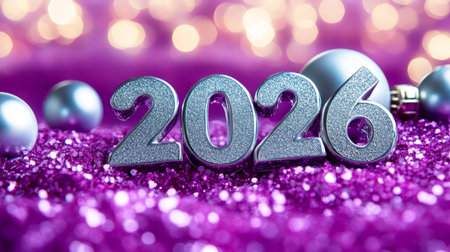 Elegant 2026 New Year Celebration Concept with Glittering Numbers and Purple Sparkle Decorationsの素材