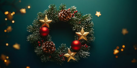 Elegant Christmas Fir Wreath with Decorative Ornaments Against a Deep Green Backdrop for Holidaysの素材