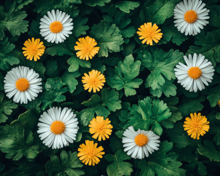 Charming Spring Meadow with White Dandelions and Vibrant Textures Under Bright Daylight Skiesの素材