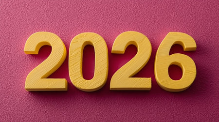 Bright Magenta Vibrancy of Wooden Numbers Announcing Eventful 2026 Year with Warm Inviting Texturesの素材