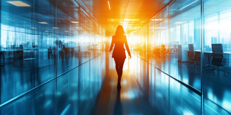 Confident Businesswoman Taking Inspiring Walk Through Modern Office Towards Success and Ambitionの素材