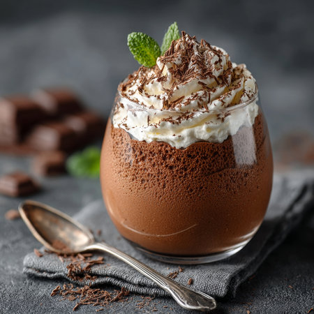 Decadent Chocolate Mousse Dessert in Glass with Whipped Cream and Chocolate Shavings Toppingの素材