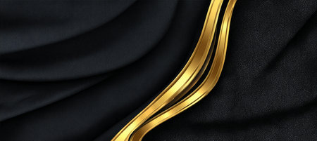Elegant Black Fabric Design Featuring Overlapped Golden Ribbon Elements for Premium Visual Appealの素材