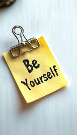 Close-up of a Positive Sticky Note Message Emphasizing Self-Acceptance and Authenticityの素材