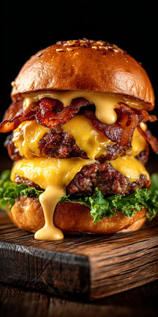 Delicious Gourmet Towering Double Cheeseburger with Fresh Ingredients and Flavorful Toppingsの素材