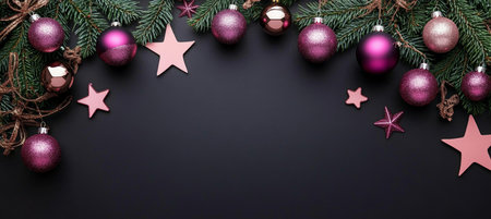 Festive Christmas Decoration Background with Fir Tree Branches and Shiny Ornaments on Dark Tabletopの素材