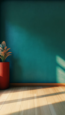 Serene minimalist room bathed in green hues, featuring a vibrant plant and warm sunlight ambianceの素材