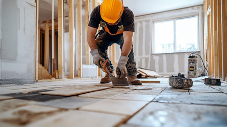 Dedicated construction worker expertly installing new flooring tiles for a home renovation project.の素材