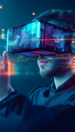 Enthusiastic man fully immersed in a virtual reality experience with advanced VR headset technology.の素材