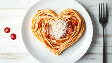 Heart Shaped Spaghetti on a White Plate with Tomato Sauce and Parmesan for Romantic Dinner Ideasの素材