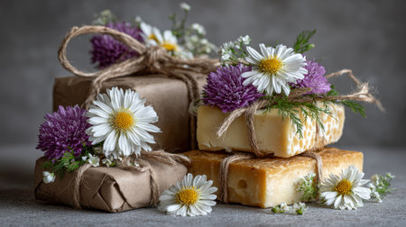 Elegant Artisan Soaps Featuring Daisy and Thistle, Beautifully Tied with Jute for Rustic Spa Displayの素材