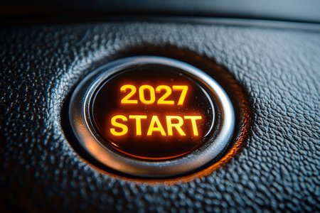 Startup Launch Countdown Button on Elegant Leather Background, Anticipation for 2027 Growthの素材