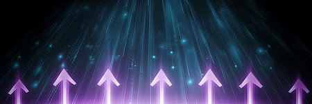 Vibrant Digital Landscape Streams of Colorful Arrows Ascending Towards a Futuristic Skyline Visionの素材