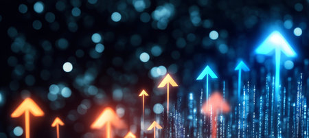 Dynamic Arrows Indicating Advancement, Growth, and Success in a Futuristic Digital Landscapeの素材