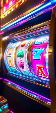 Vibrant Slot Machine in a Modern Casino with Spinning Reels, Fruits, and Lucky Number Seven Symbolsの素材