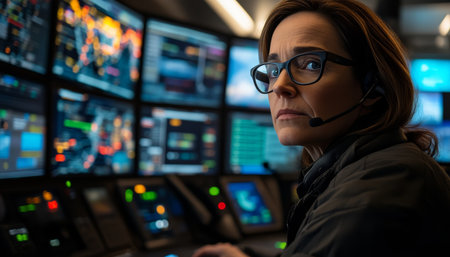 Focused Woman Engaged in Her Workspace Surrounded by Multiple Technological Monitor Screensの素材