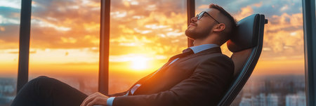 Ambitious executive in a luxury office, gazing at a beautiful sky, embodying success and relaxation.の素材
