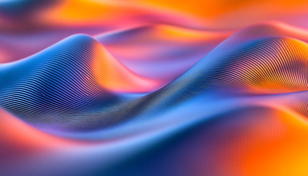 Abstract Digital Landscape Energetic Waves of Blue, Orange, and Magenta with Gradient Curvesの素材