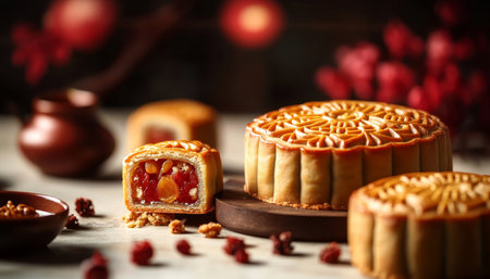 Beautifully Arranged Traditional Mooncakes with Assorted Fillings for the Harvest Festivalの素材