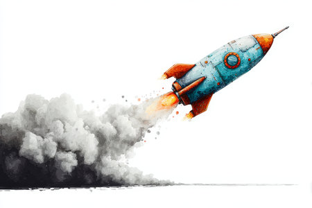 Retro Cosmonaut Adventure in a Vapor Wave Style with Spaceships and Rockets Launching into Spaceの素材