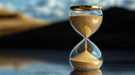 Elegant Golden Sand Hourglass with Reflections, Symbolizing Time Passing and Urgency, Ideal for Textの素材