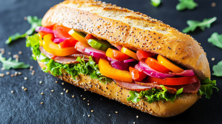 Delicious Submarine Sandwich Loaded with Fresh Deli Meats, Crisp Vegetables, and Flavorful Saucesの素材