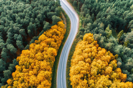 Stunning Aerial View of Autumn Trees with Vibrant Yellow and Evergreen Trees Along Winding Roadの素材