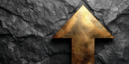 Golden Arrow Rising on Rough Dark Terrain Symbolizing Progress, Strength, and Financial Achievementの素材