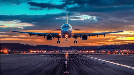 Breathtaking Airplane Landing at Dusk, Showcasing a Vibrant Sky and City Lights in the Backgroundの素材