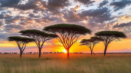 Breathtaking Sunset Over the African Savannah, Acacia Trees Silhouetted Against a Vibrant Skyの素材