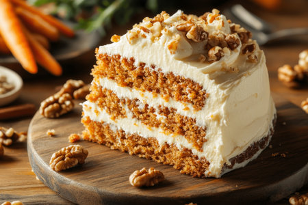 Delicious slice of homemade carrot cake with cream cheese frosting and walnuts on wooden tableの素材