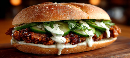 Crispy Fried Chicken Sandwich on Brioche Bun with Pickles and Zesty Sauce, American Classic Treatの素材