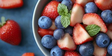 Lush and Vibrant Medley of Fresh Strawberries and Juicy Blueberries for a Healthy Snack Delightの素材