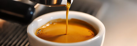 Espresso shot pouring into white cup, creating rich aroma to boost your morning energy.の素材