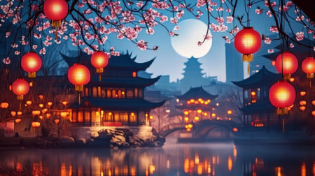 Chinese New Year Lanterns Illuminate Ancient Structures, Creating a Nighttime Bloom of Beautyの素材