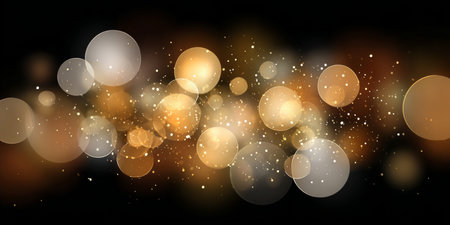 Stunning Black Abstract Background with Golden Sparkling Circles for Festive Celebrations and Eventsの素材