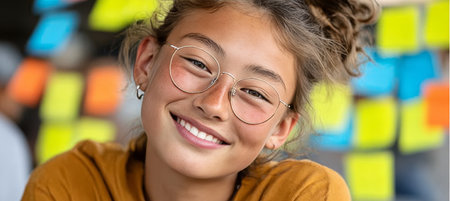 Happy Teenager Smiling While Wearing Glasses, Surrounded by Colorful Sticky Notes in Classroomの素材