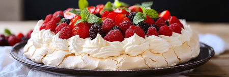 Elegant Pavlova Dessert with Whipped Cream and Fresh Berries, Perfect for Any Celebrationの素材
