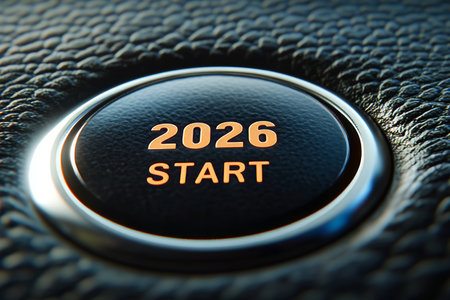 Illuminated 2026 Start Engine Push Button Symbolizes Aspirations and New Beginnings for Future Goalsの素材
