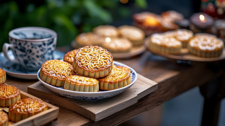 Delicious Mooncakes with Tea Set for Mid-Autumn Festival Celebrations, Embracing Cultural Traditionsの素材