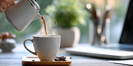 Morning Coffee Break on Work Desk Freshly Brewed Drink Poured into Cup Near Laptop, Home Officeの素材