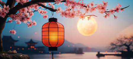 A serene Asian scene with a full moon, cherry blossoms, and a glowing lantern for tranquility.の素材